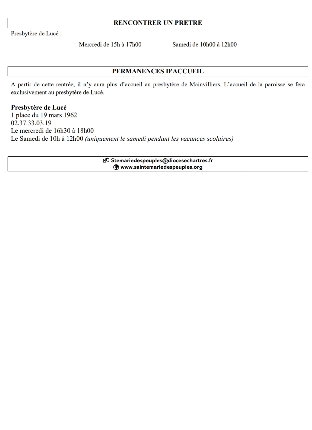 Informations paroissiales Septembre 2026