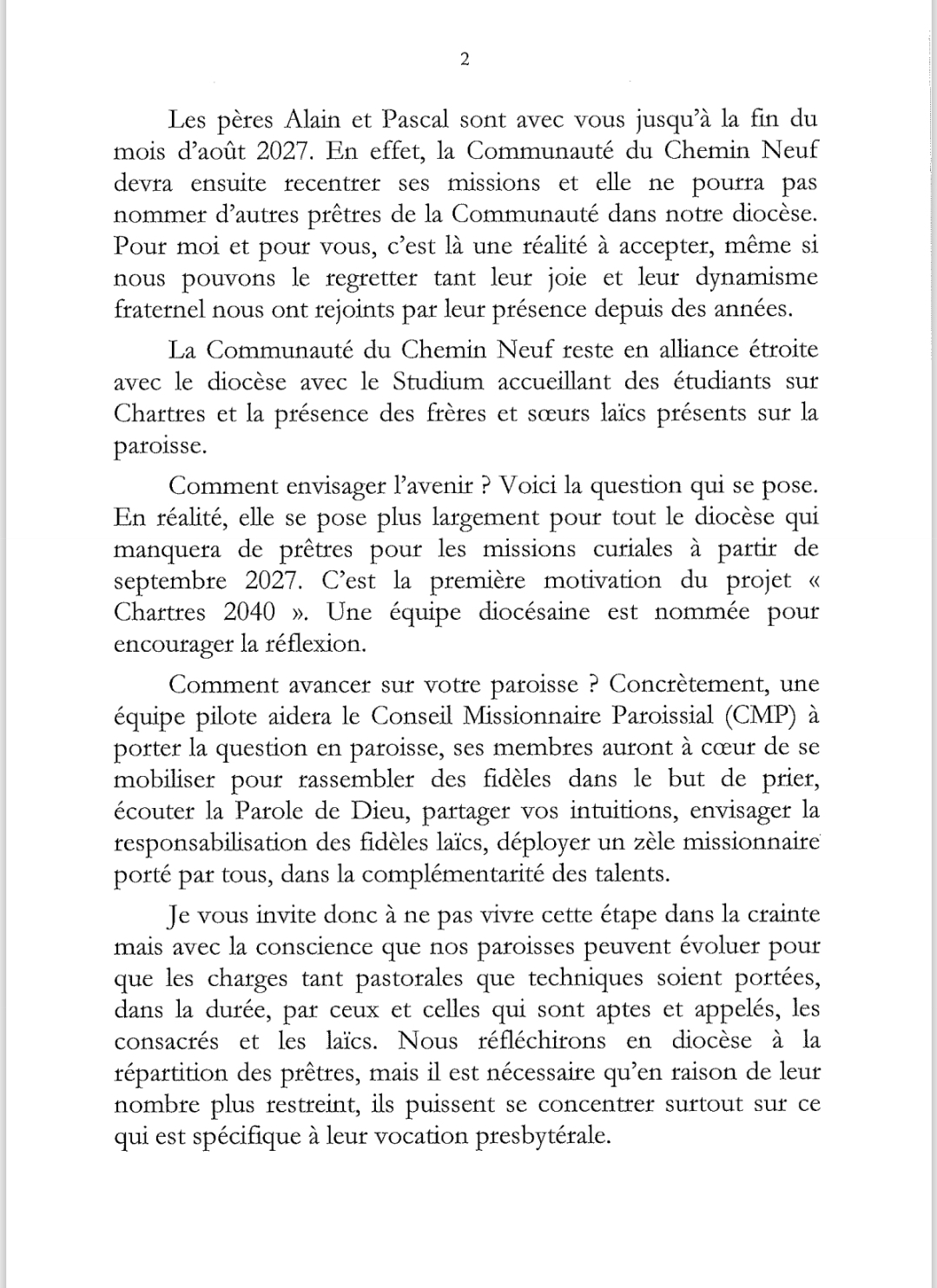 Lettre à la paroisse Ste Marie des Peuples de notre évêque Mgr Christory