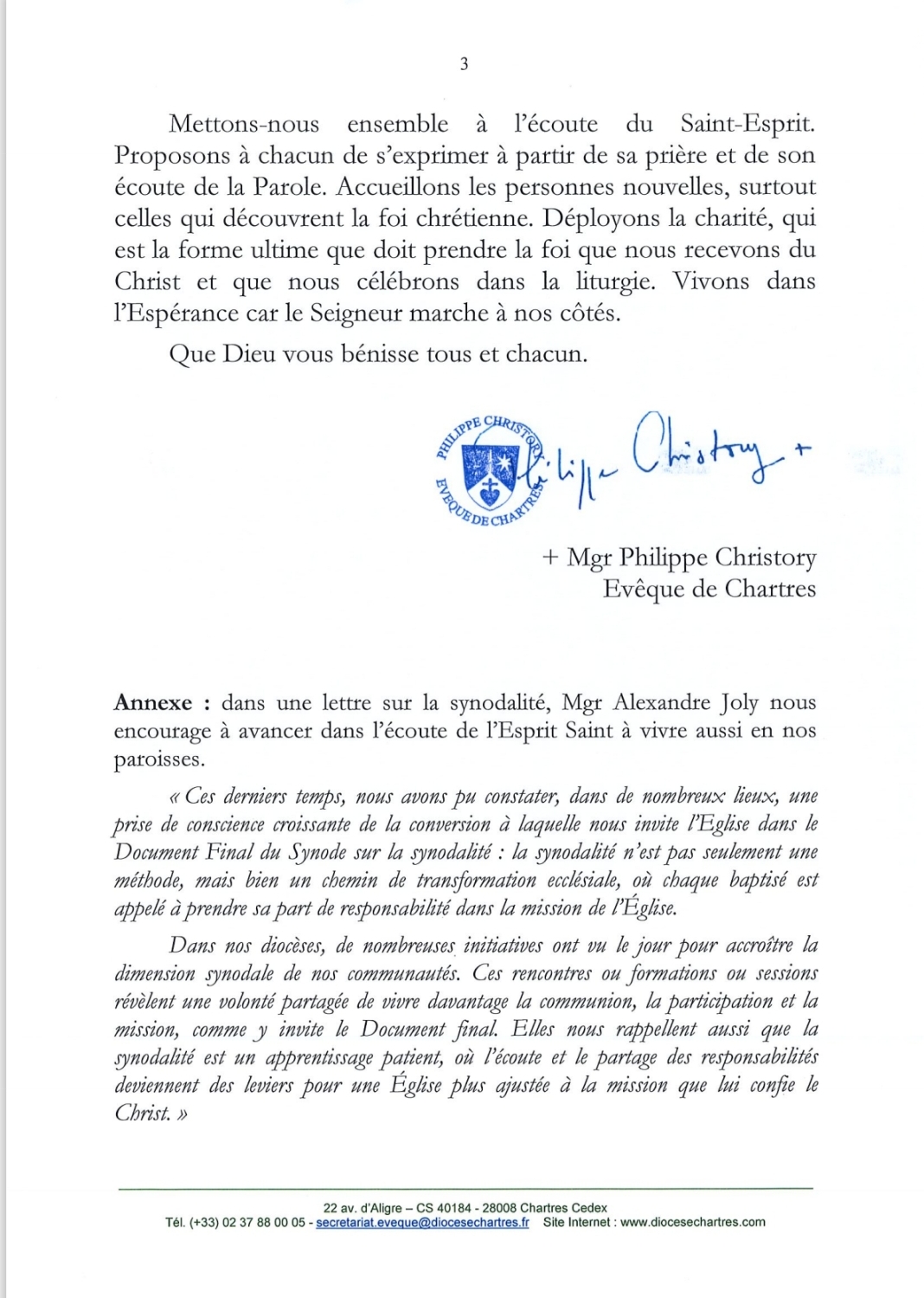 Lettre à la paroisse Ste Marie des Peuples de notre évêque Mgr Christory